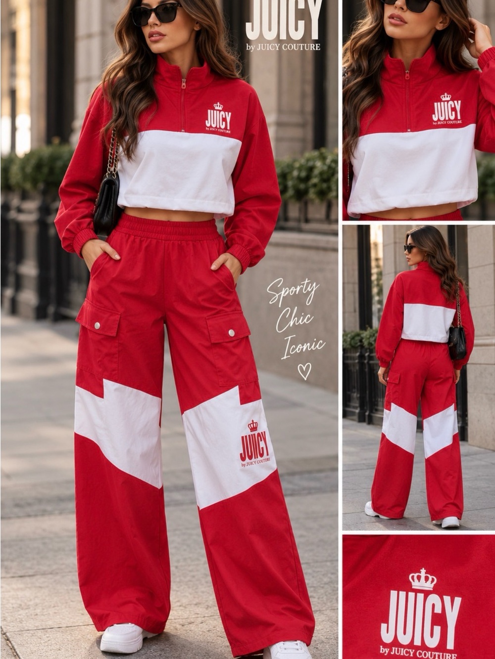 Juicy Couture Red and White Wide-Leg Track Pants Set